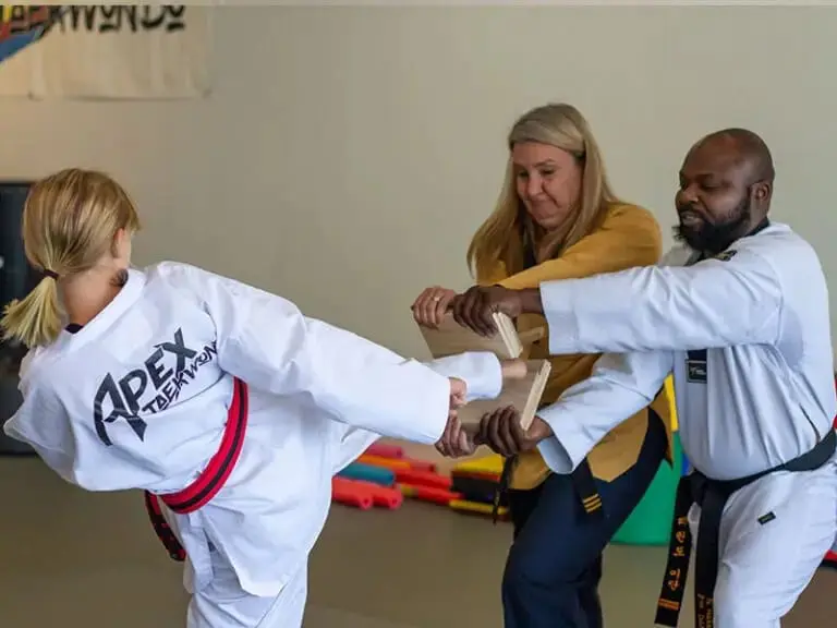 students practicing kicks for adult martial arts classes