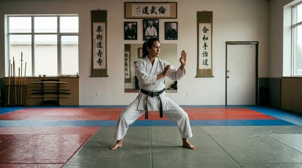 Woman practicing stance training in a martial arts for adults class.