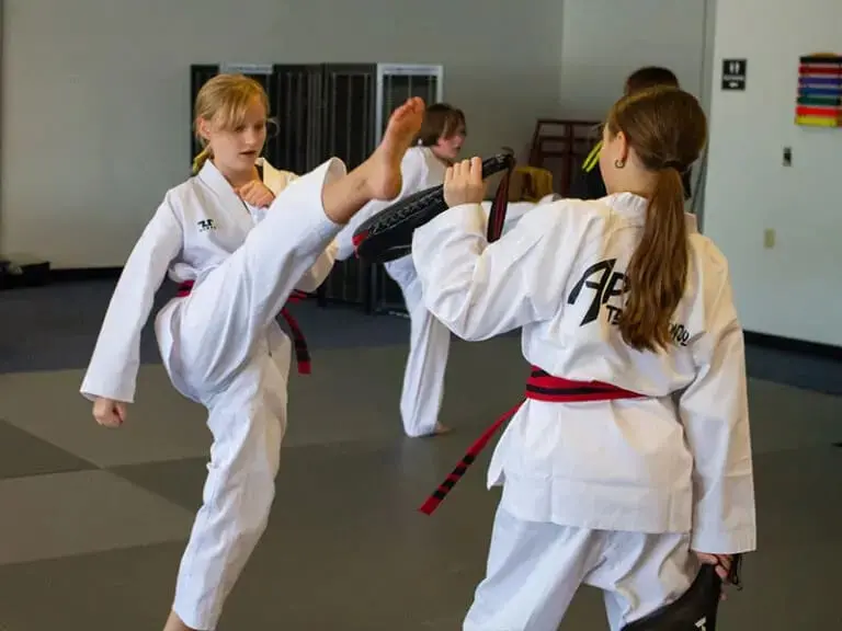 students practicing high kicks for adult martial arts classes