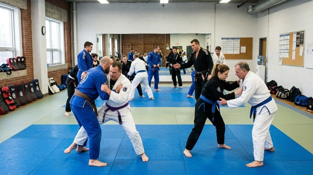 Adults practicing grappling drills in a martial arts for adults class.