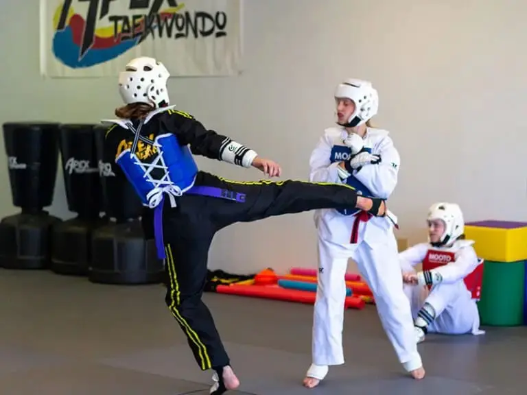 students practicing moves during adult martial arts lessons
