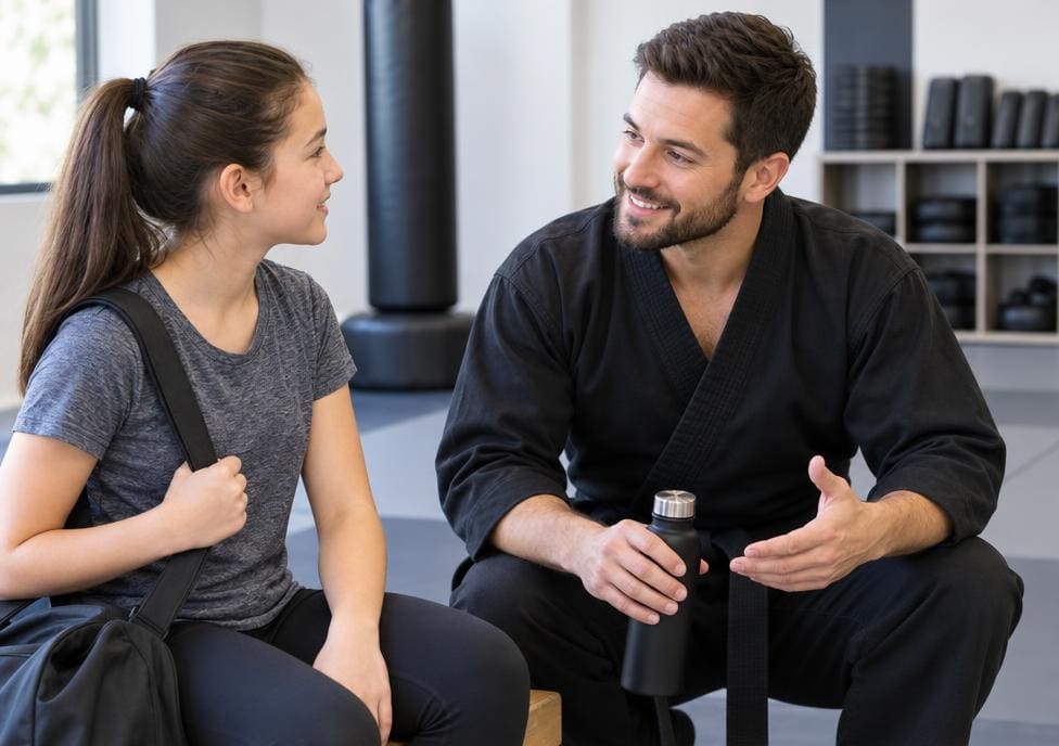 Martial arts first lesson beginner talking with instructor, carrying water bottle and gym bag